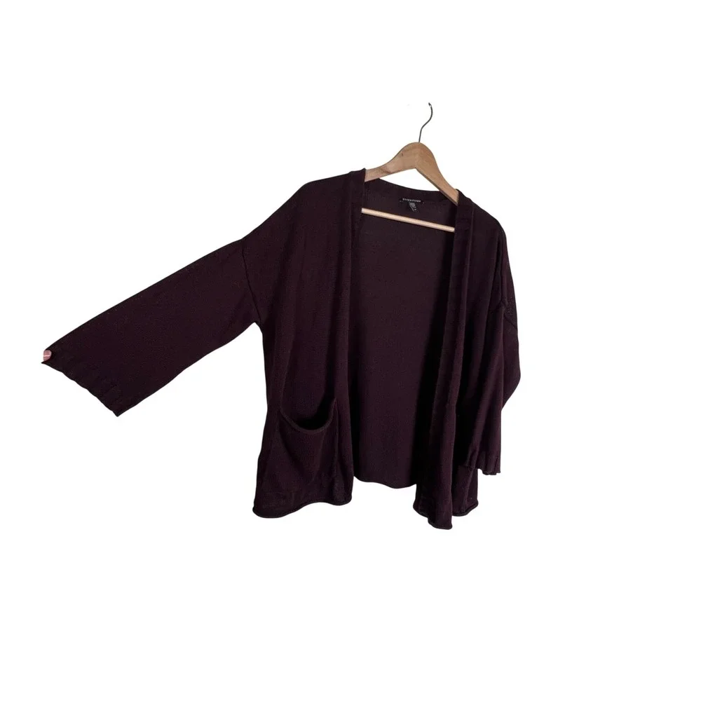 Eileen Fisher Womens Plum Purple Linen Cotton Open Front Cardigan Sweater S/P
